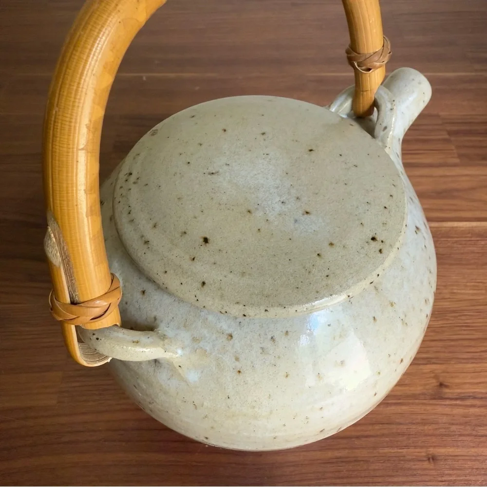 Vintage Japanese Hand Crafted Pottery Teapot w/Bamboo Handle, Signed
